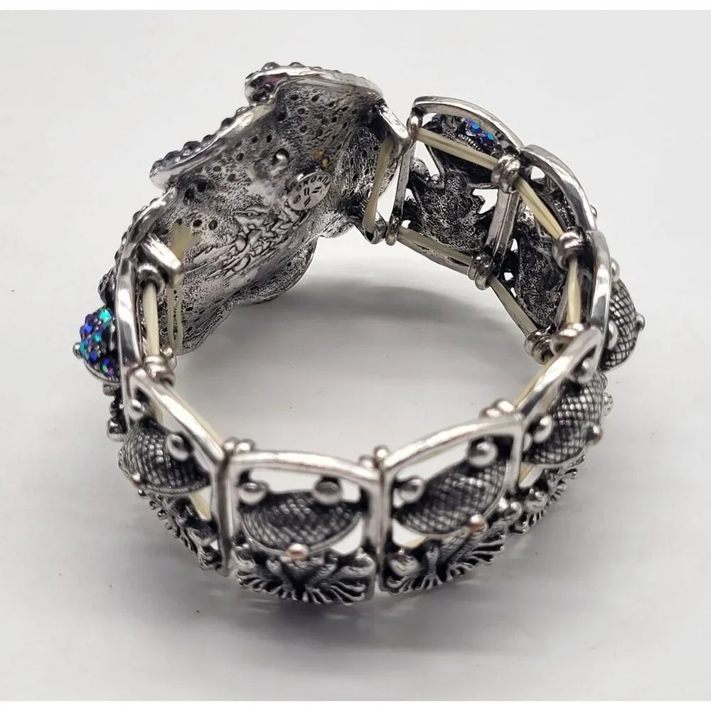 YUHONG Rhinestone Stretch Silver Tone Bracelet FROG Whimsical Bling Fairy Flower - Picture 3 of 12